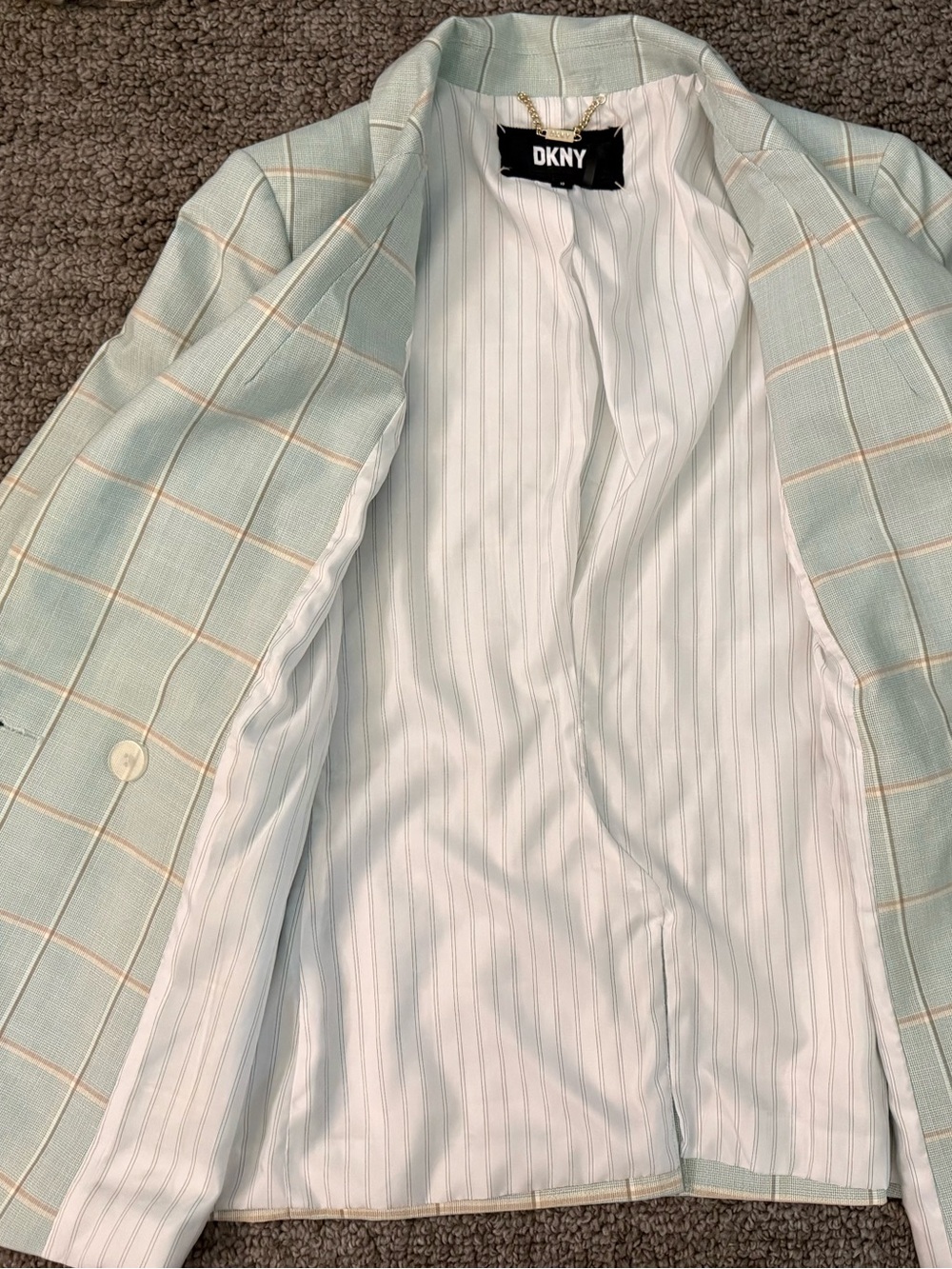 DKNY Mint Plaid Double-Breasted Blazer with Gold Buttons - Picture 3 of 6